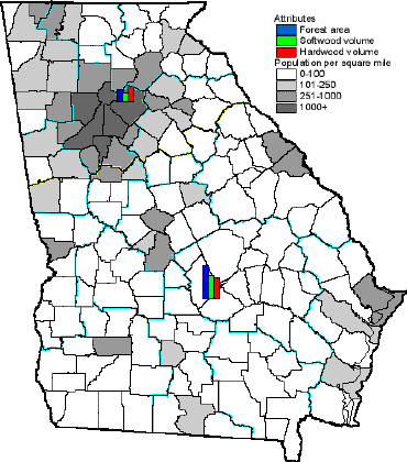 Links to forest maps with forestry-related individual layers representing administrative boundaries such as Timber Mart South districts, Georgia Counties, Georgia Regional Development Commission regions, Georgia FIA Units and Georgia Physiographic Regions. Three venues for map selection and exploration are provided here: one for unique selection, multiple selection, and an interactive map service (Using ArcIMS).